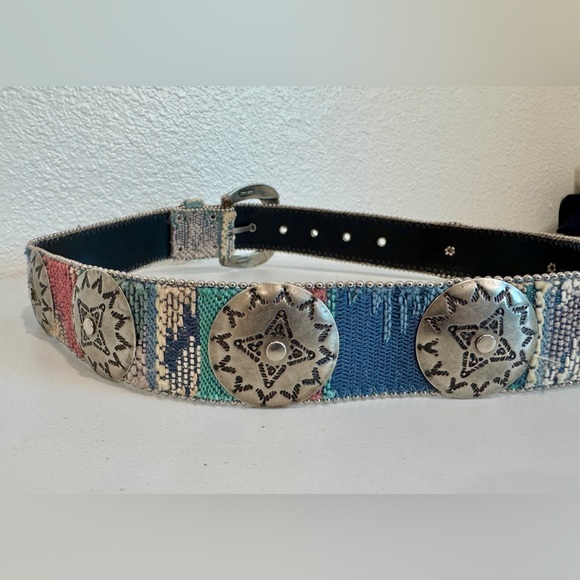 Vintage 90s Elite Fresno Western Patchwork Belt Silver Studded Concho Cowgirl M - Picture 2 of 5